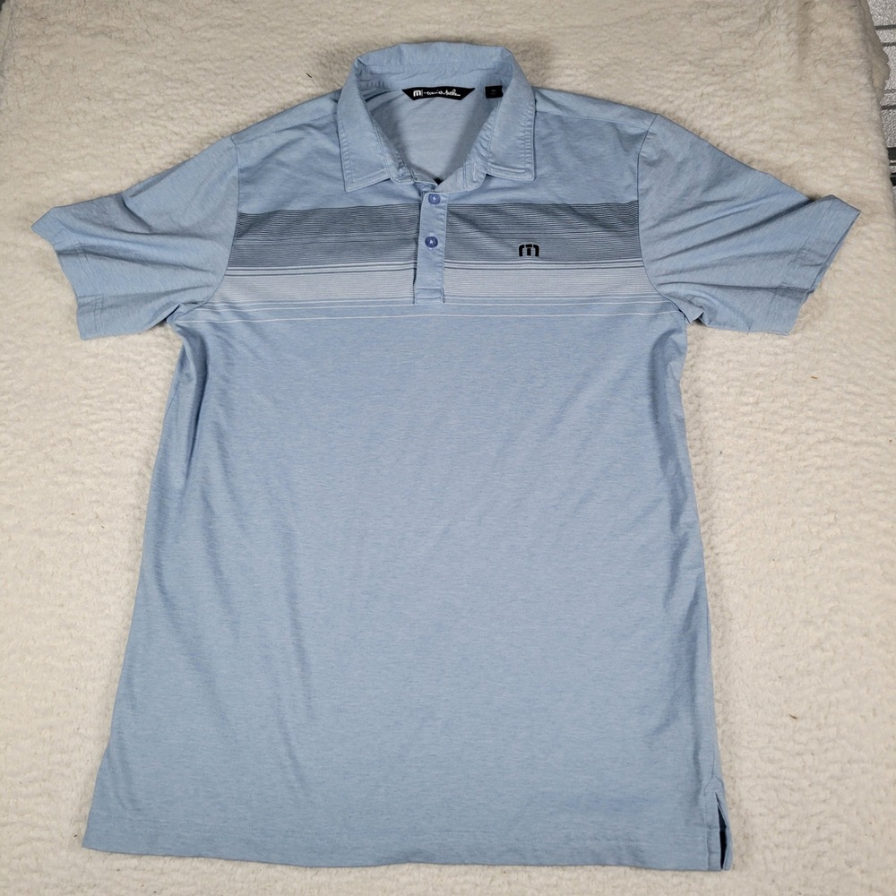 TravisMathew Polo Shirt Mens Size M Light Blue Striped Stretch Golf Top